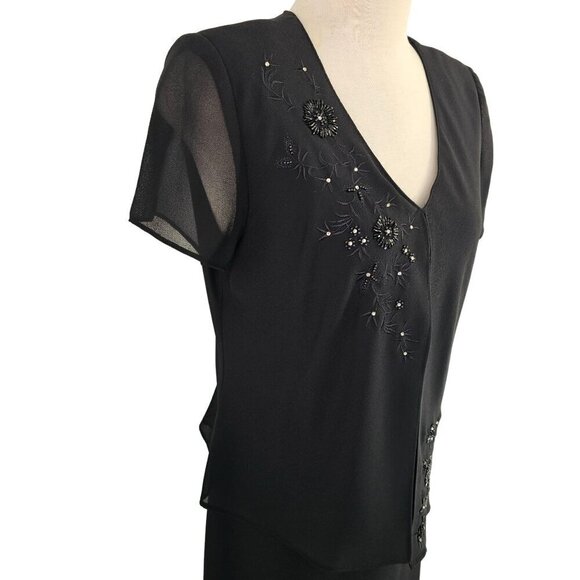 Positive Attitude 40s Style Black Maxi Dress Sz 12 Faux 2 Piece Beaded Short Slv - Picture 6 of 9